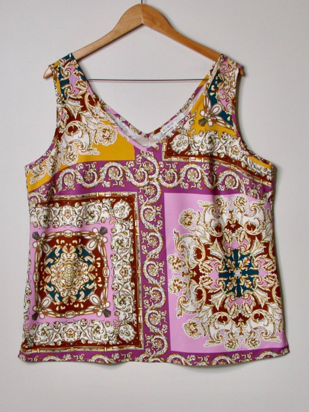 Cleo Floral Sleeveless Blouse Dressy Flowy Tank Top Baroque Purple Pink Size XL